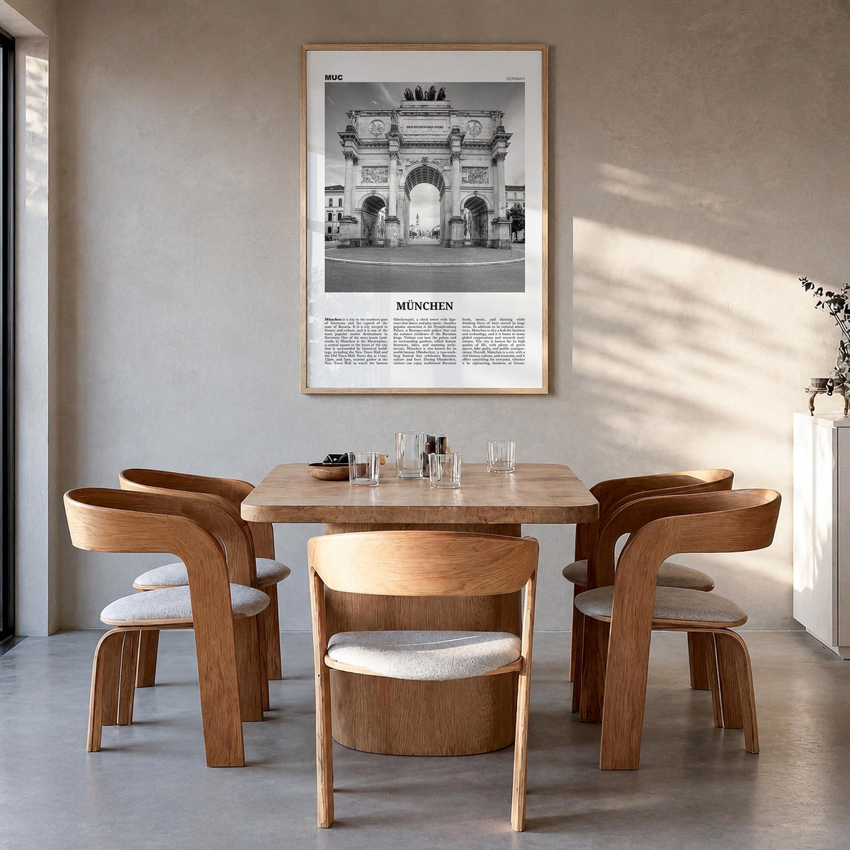 Munich no. 1 black & white newspaper poster of Germany – vertical wall art in natural wood frame, hanging on wall