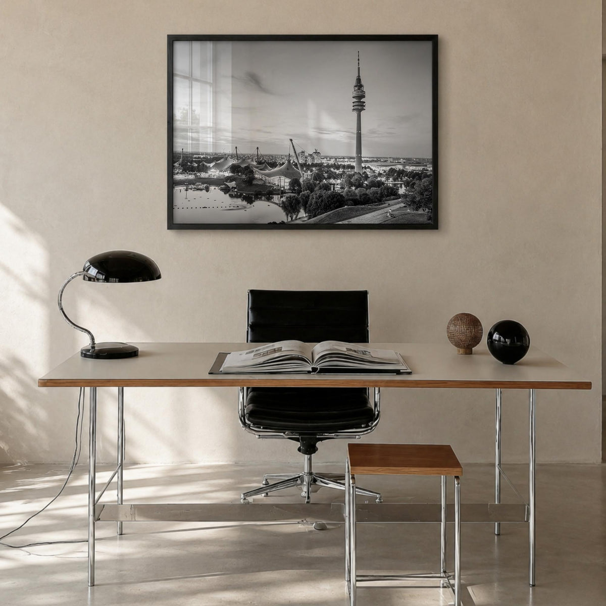 Munich black & white photo poster of Germany – horizontal wall art in black wood frame, hanging on wall