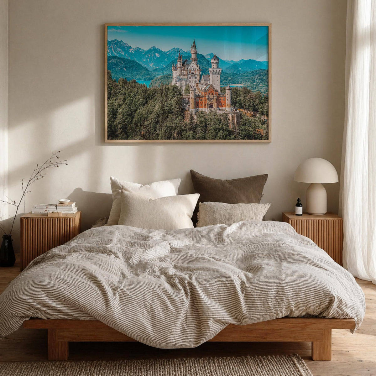 Munich colorful photo poster of Germany – horizontal wall art in natural wood frame, hanging on wall