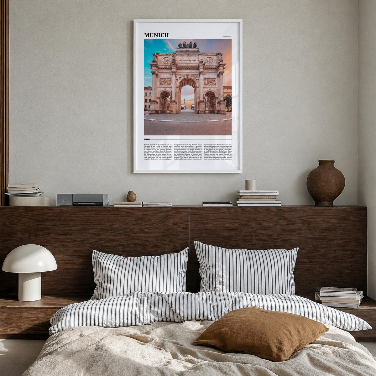 Munich colorful travel poster of Germany – vertical wall art in white wood frame, hanging on wall