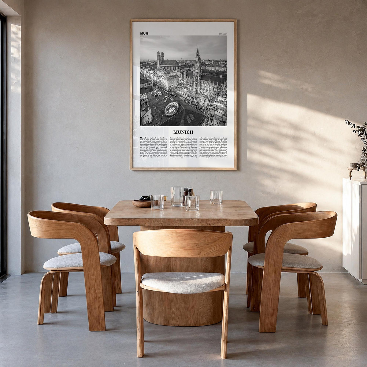 Munich no. 2 black & white newspaper poster of Germany – vertical wall art in natural wood frame, hanging on wall