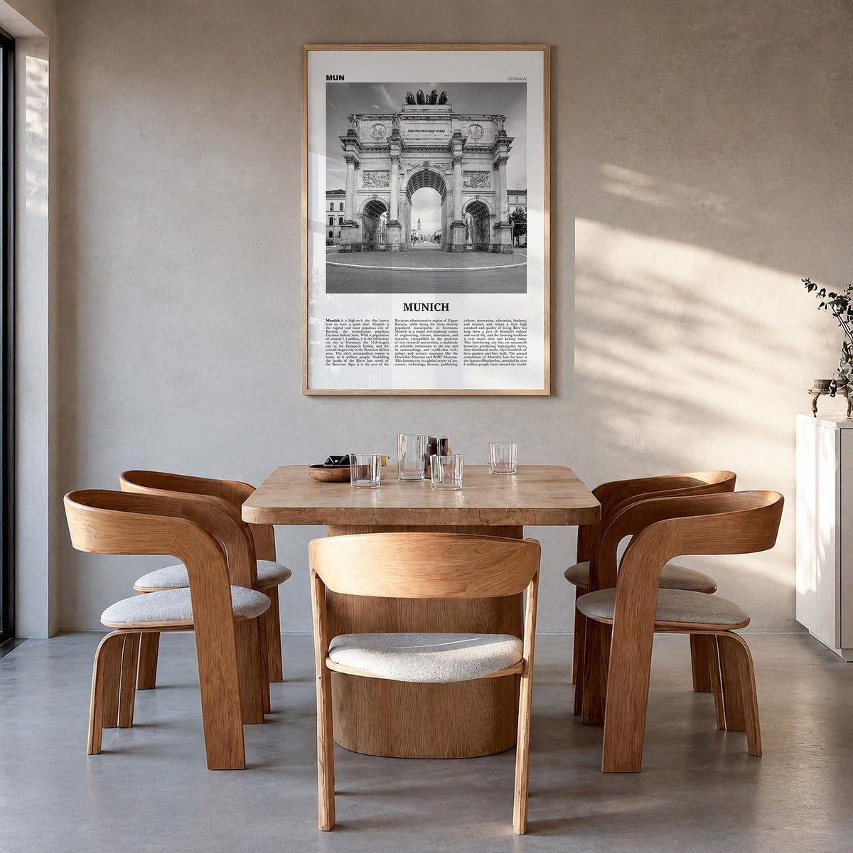 Munich no. 3 black & white newspaper poster of Germany – vertical wall art in natural wood frame, hanging on wall
