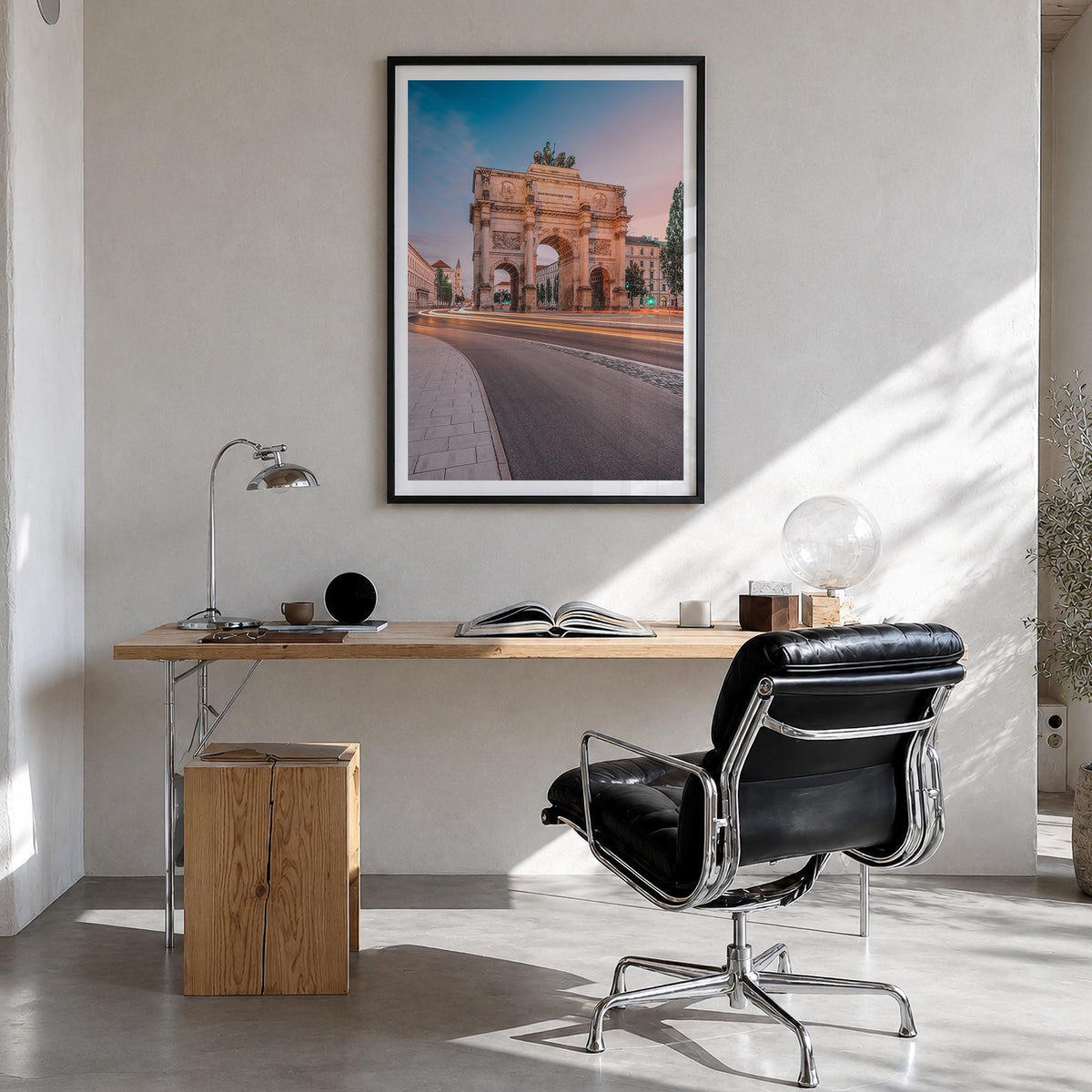 Munich no. 2 colorful photo poster of Germany – vertical wall art in black wood frame with white border, hanging on wall