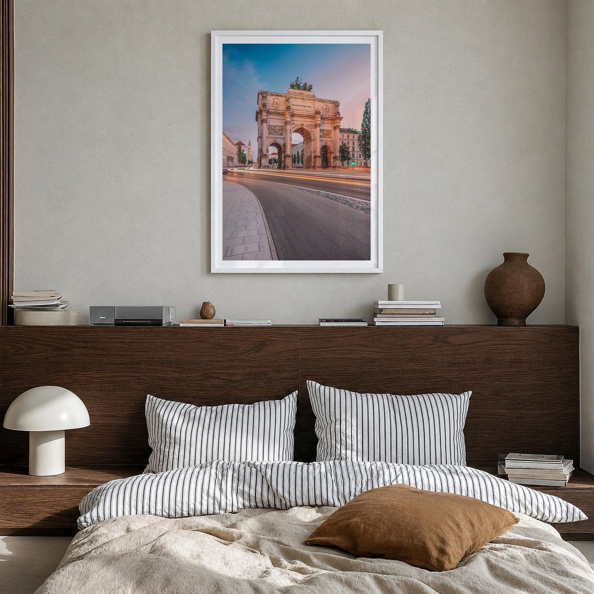 Munich no. 2 colorful photo poster of Germany – vertical wall art in white wood frame with white border, hanging on wall
