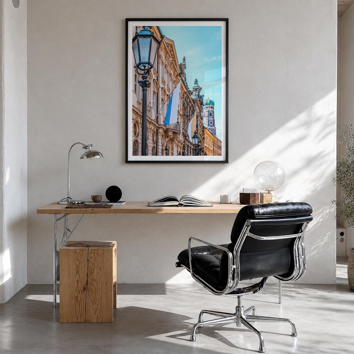 Munich no. 3 colorful photo poster of Germany – vertical wall art in black wood frame with white border, hanging on wall