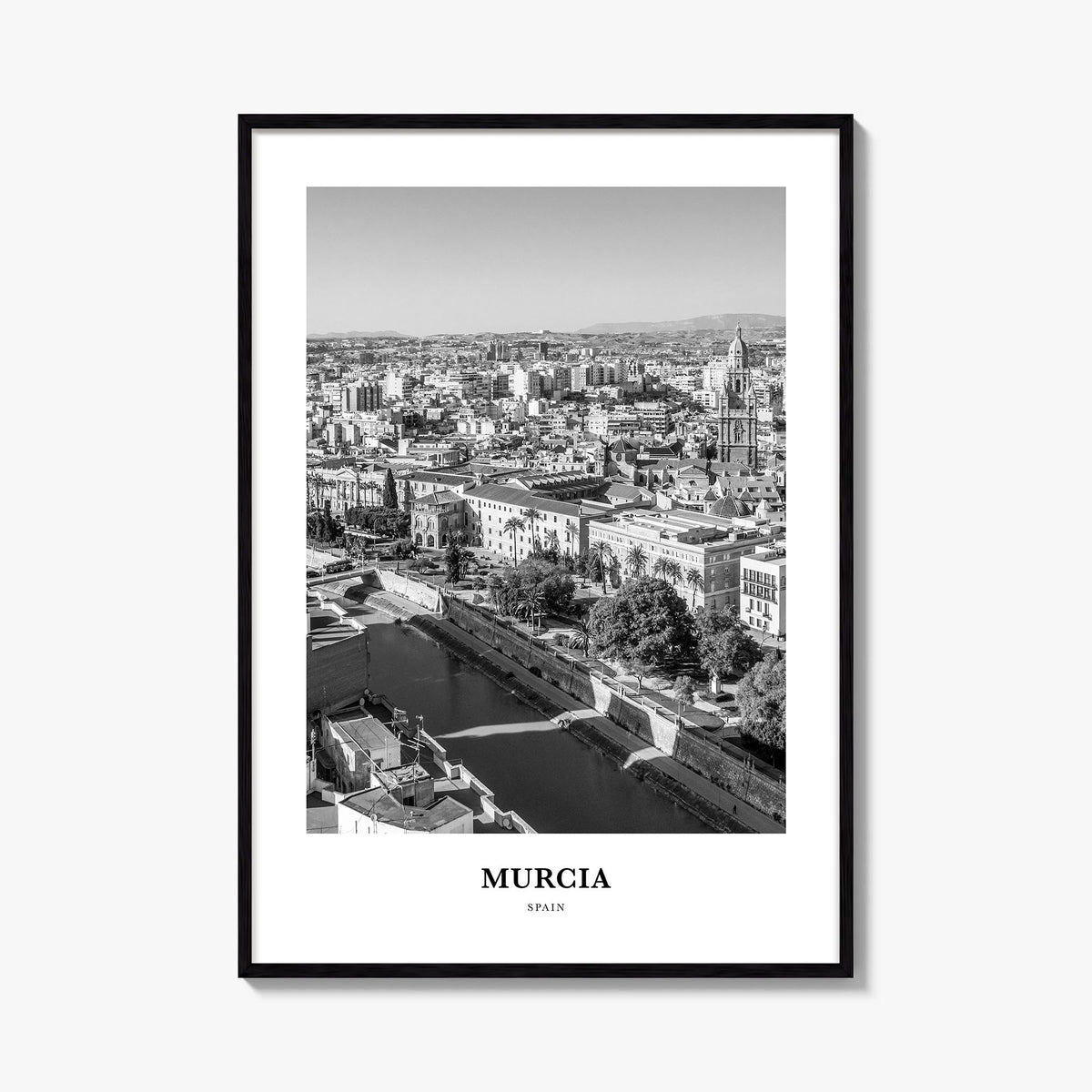 Murcia black & white classic poster of Spain – vertical wall art, unframed print shown in interior mockup