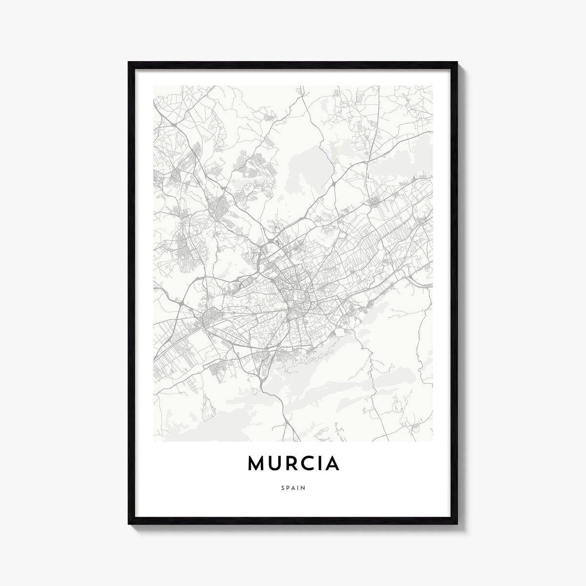 Murcia black & white map poster of Spain – vertical wall art, unframed print shown in interior mockup