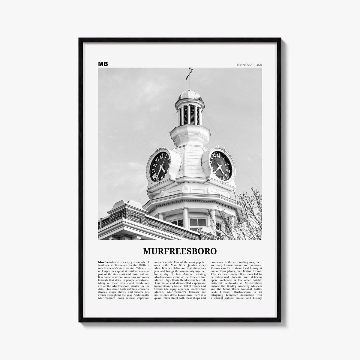 Murfreesboro black & white newspaper poster of Tennessee, USA – vertical wall art, unframed print shown in interior mockup