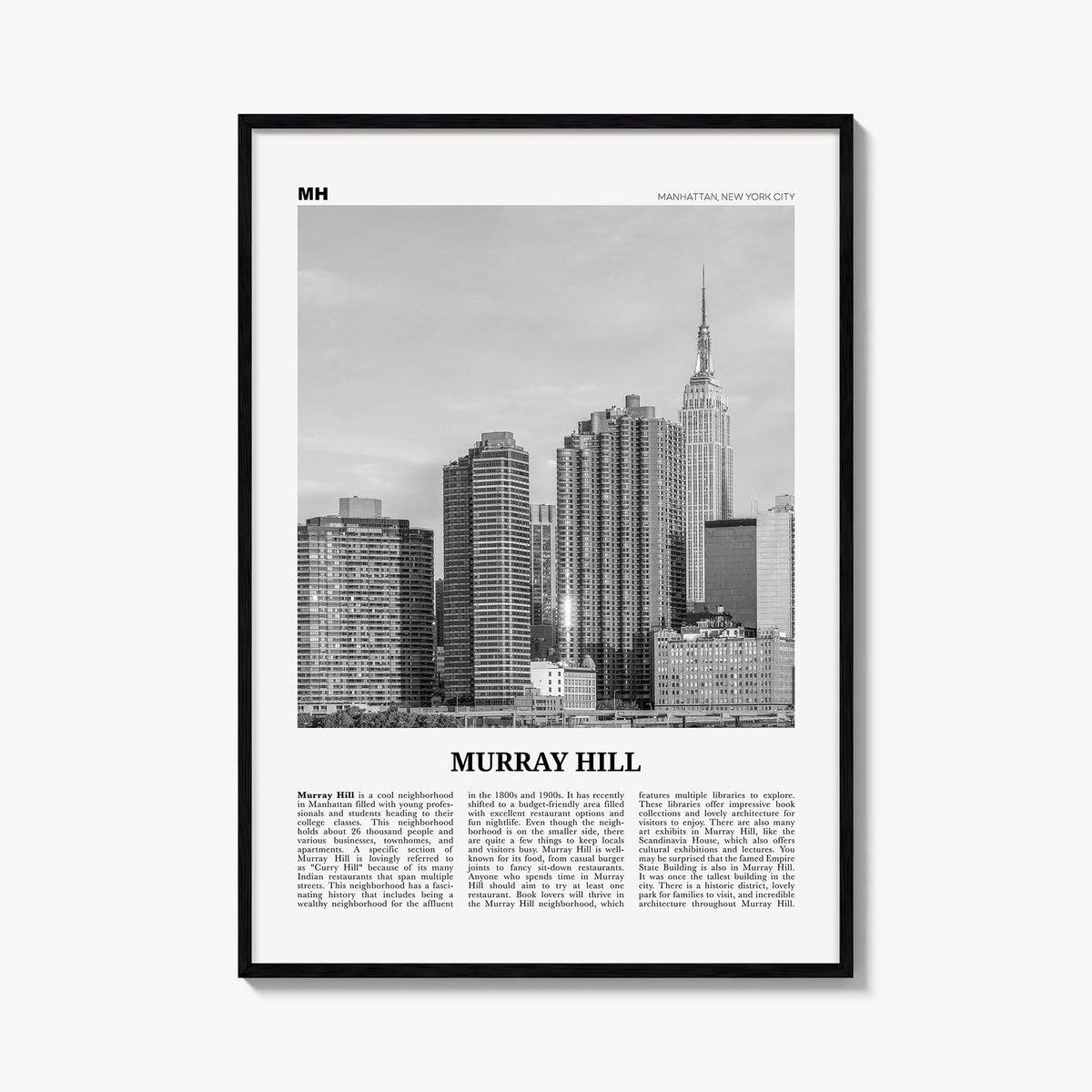 Murray Hill black & white newspaper poster of Manhattan, New York City – vertical wall art, unframed print shown in interior
