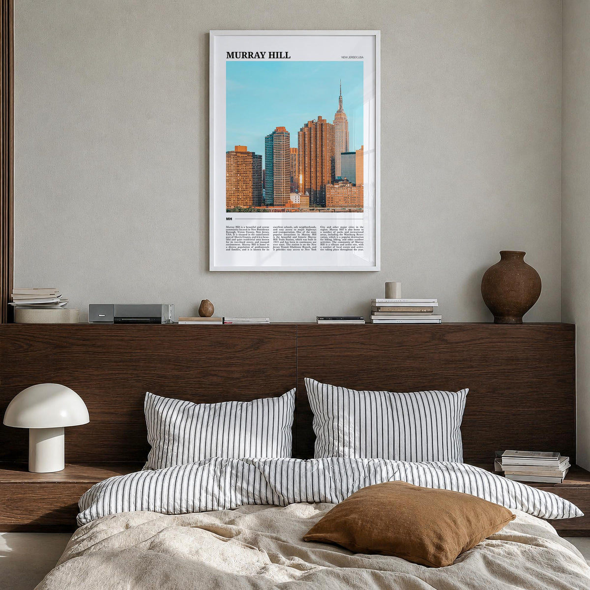 Murray Hill colorful travel poster of Manhattan, New York City – vertical wall art in white wood frame, hanging on wall