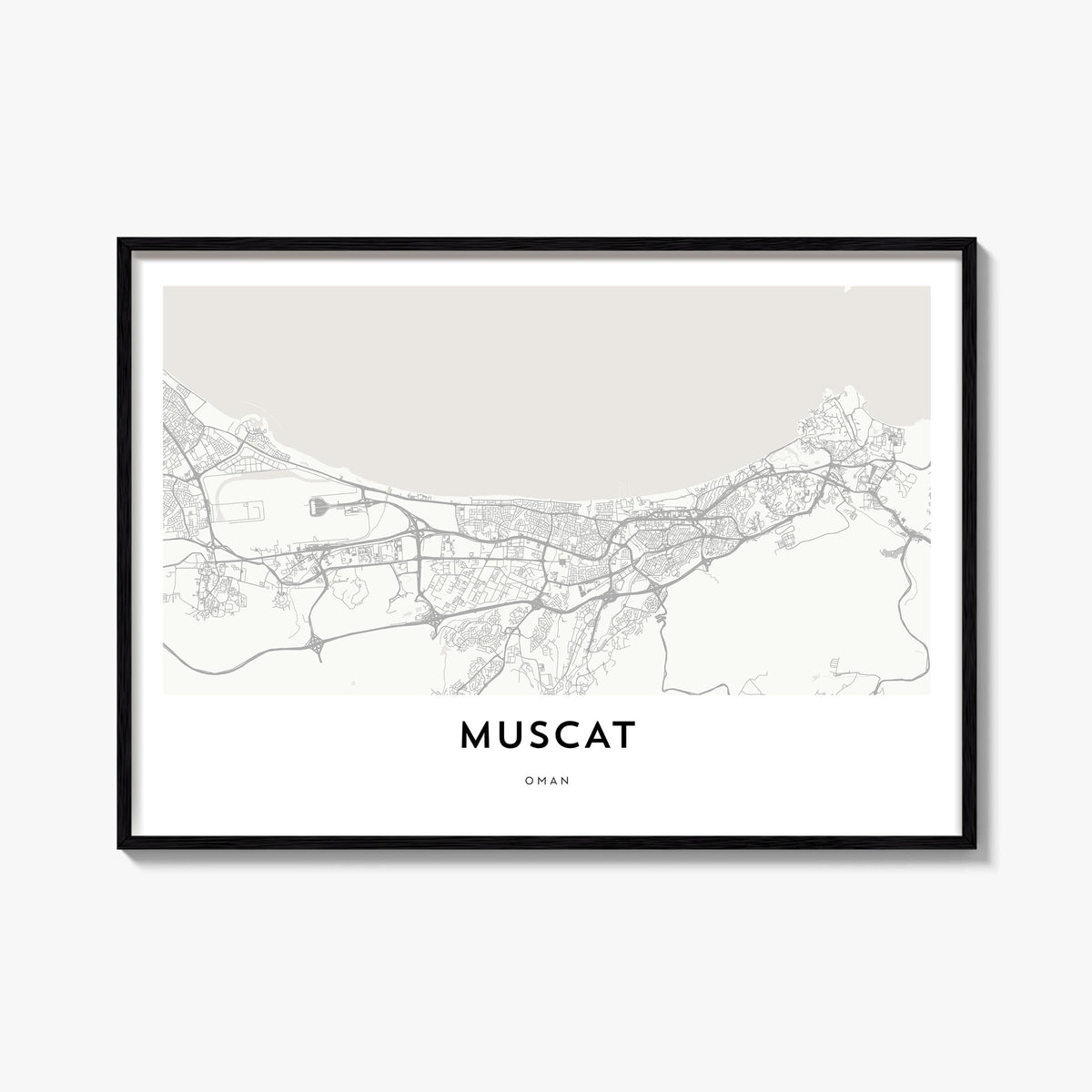 Muscat black & white map poster of Oman – horizontal wall art, unframed print shown in interior mockup