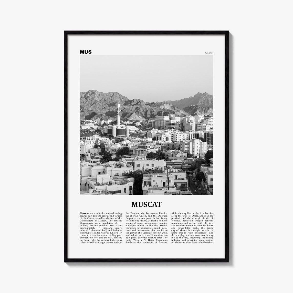 Muscat black & white newspaper poster of Oman – vertical wall art, unframed print shown in interior mockup
