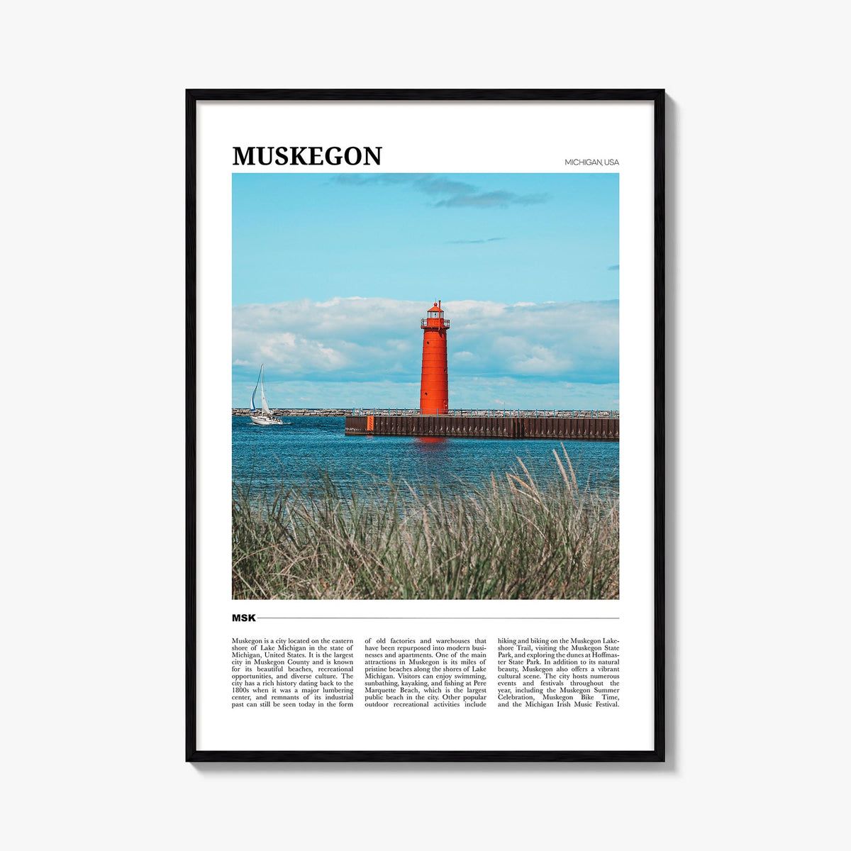 Muskegon colorful travel poster of Michigan, USA – vertical wall art, unframed print shown in interior mockup