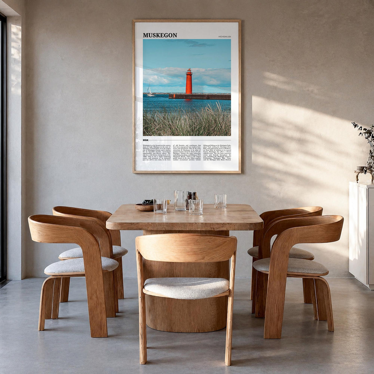 Muskegon colorful travel poster of Michigan, USA – vertical wall art in natural wood frame, hanging on wall