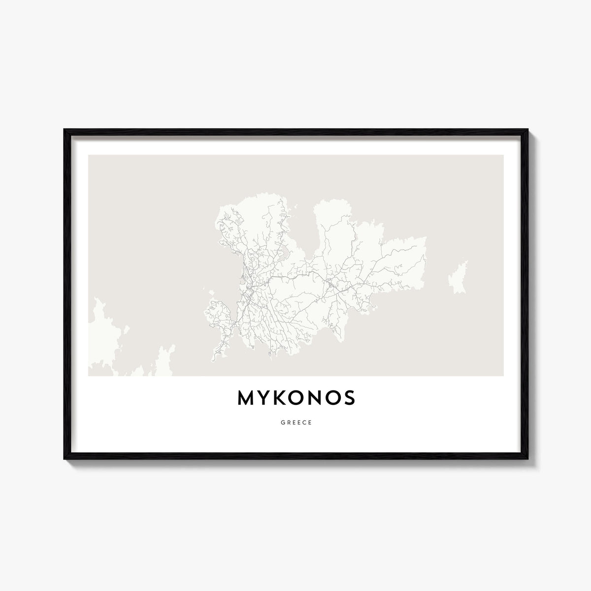 Mykonos black & white map poster of Greece – horizontal wall art, unframed print shown in interior mockup