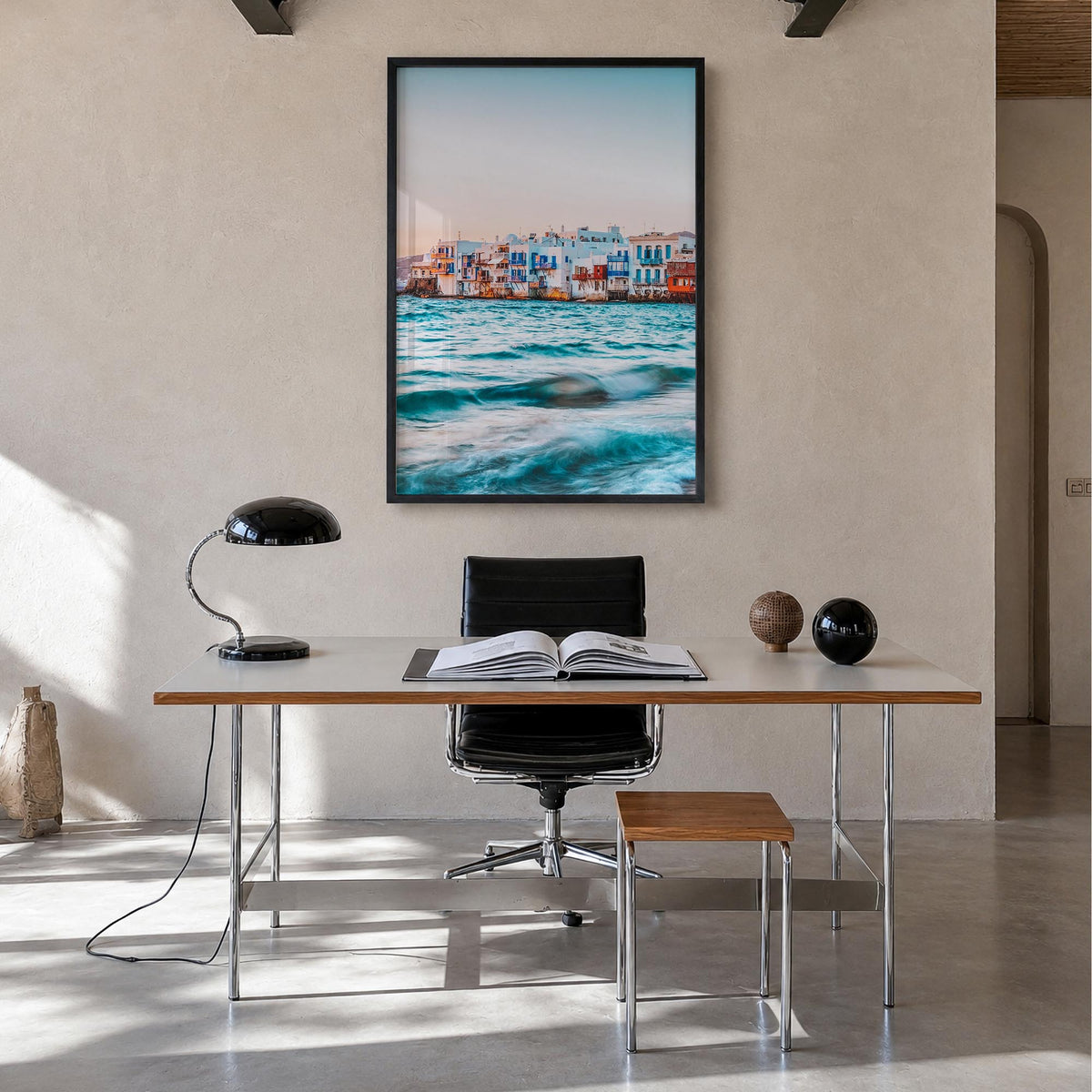 Mykonos colorful photo poster of Greece – vertical wall art in black wood frame, hanging on wall
