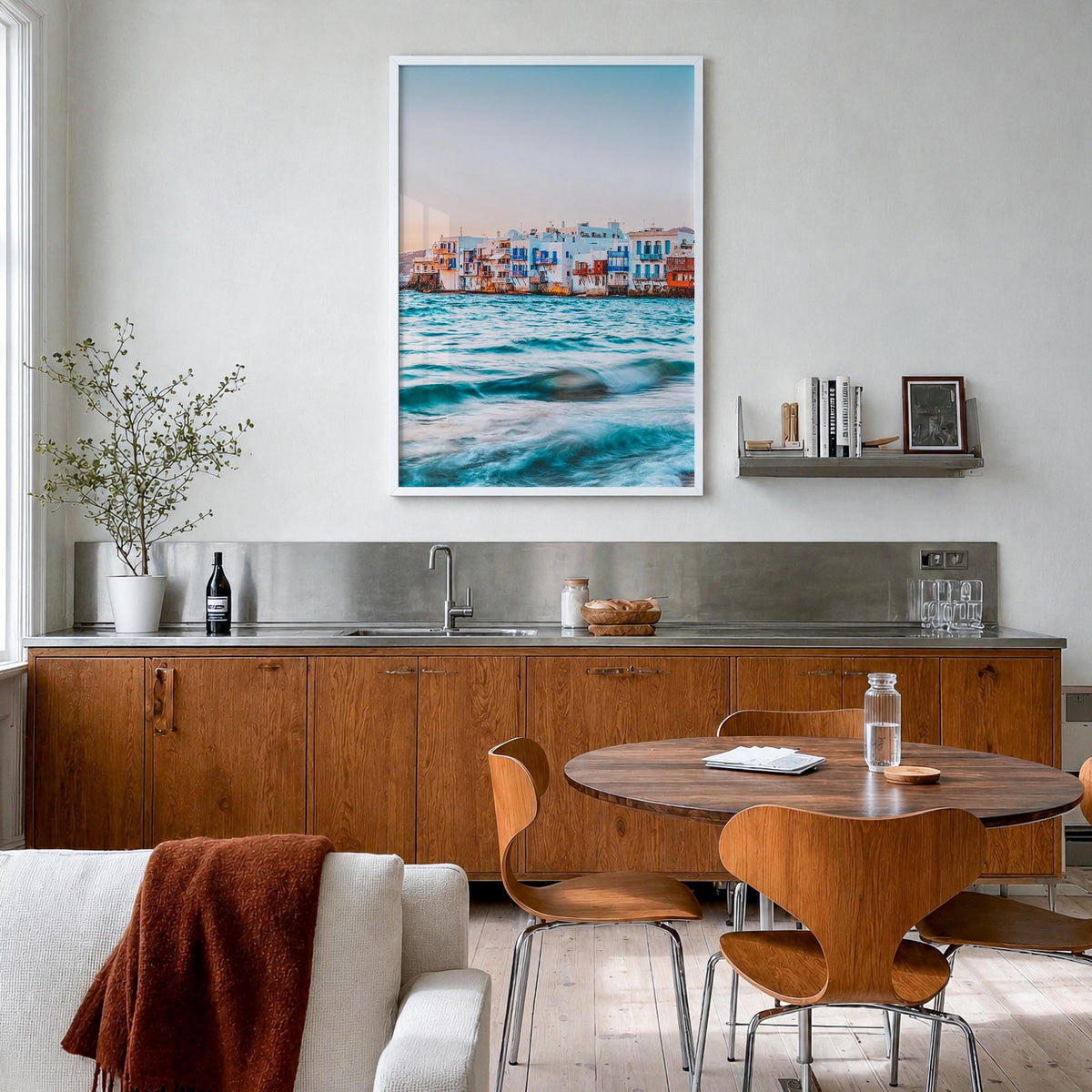Mykonos colorful photo poster of Greece – vertical wall art in white wood frame, hanging on wall