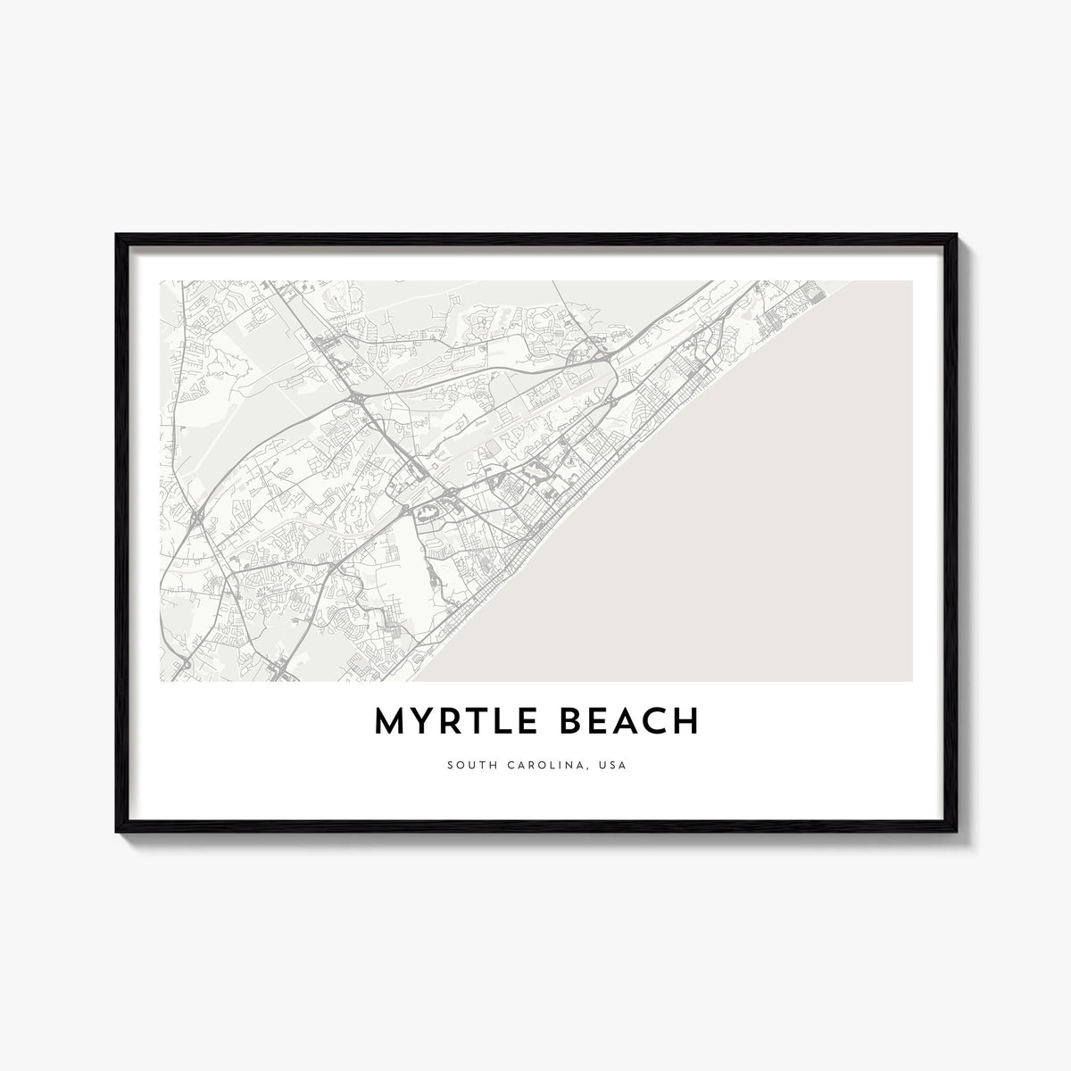 Myrtle Beach black & white map poster of South Carolina, USA – horizontal wall art, unframed print shown in interior mockup