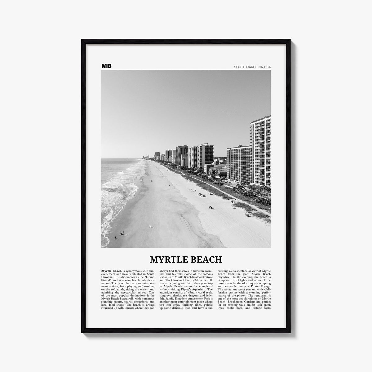 Myrtle Beach black & white newspaper poster of South Carolina, USA – vertical wall art, unframed print shown in interior mock