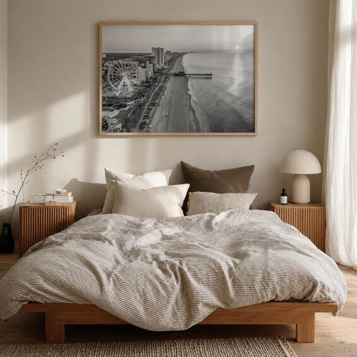Myrtle Beach black & white photo poster of South Carolina, USA – horizontal wall art in natural wood frame, hanging on wall