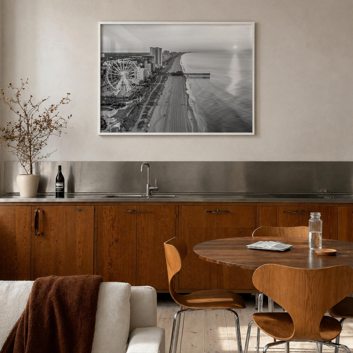 Myrtle Beach black & white photo poster of South Carolina, USA – horizontal wall art in white wood frame, hanging on wall