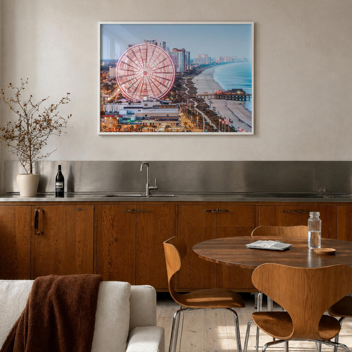 Myrtle Beach colorful photo poster of South Carolina, USA – horizontal wall art in white wood frame, hanging on wall