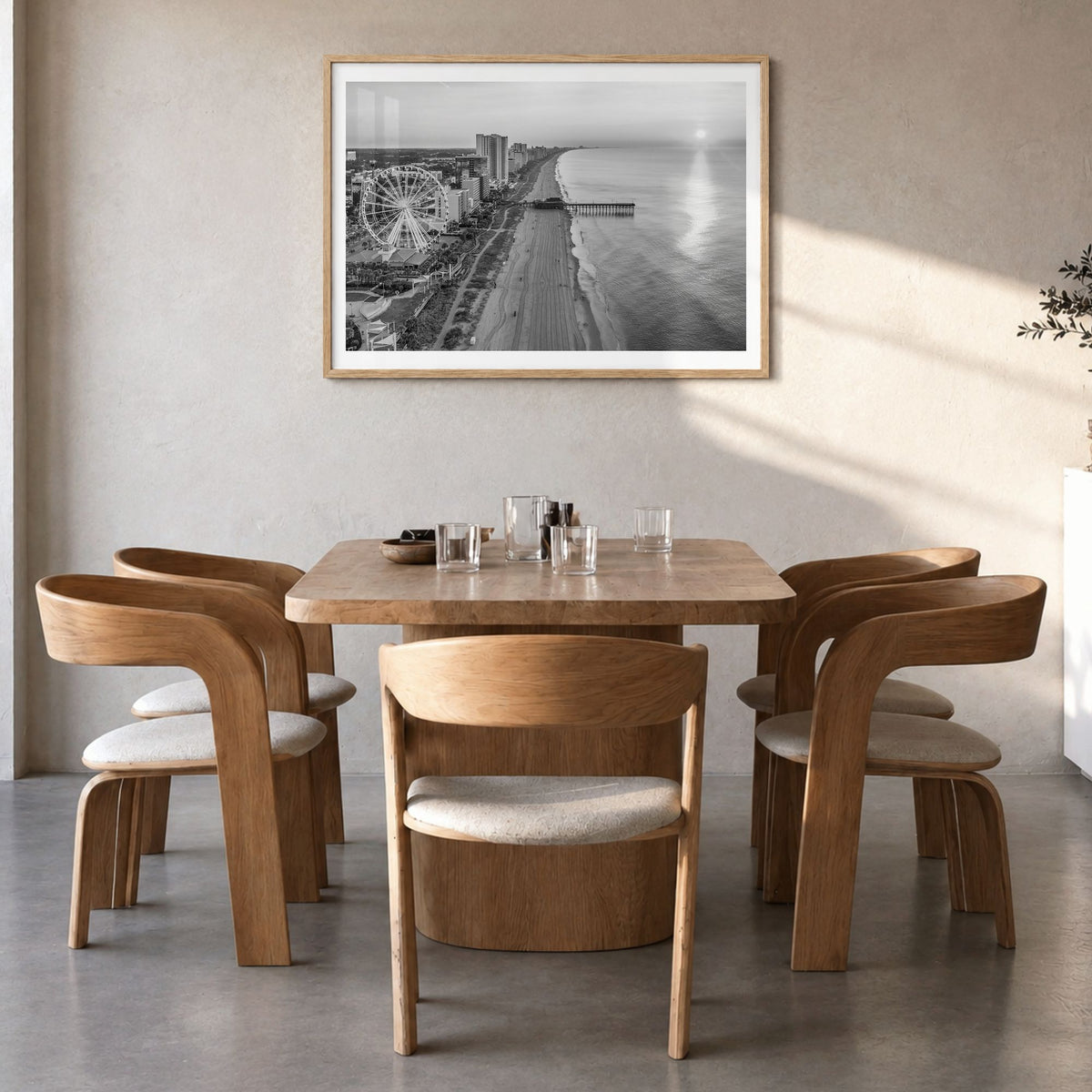 Myrtle Beach Photo Poster in a natural wood frame, hanging in a dining room, white border