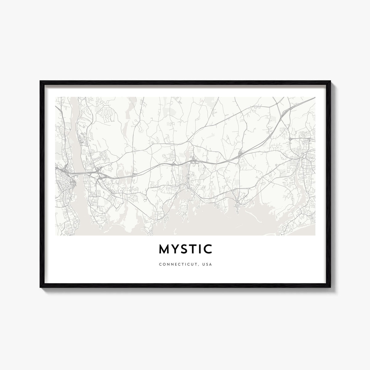 Mystic black & white map poster of Connecticut, USA – horizontal wall art, unframed print shown in interior mockup