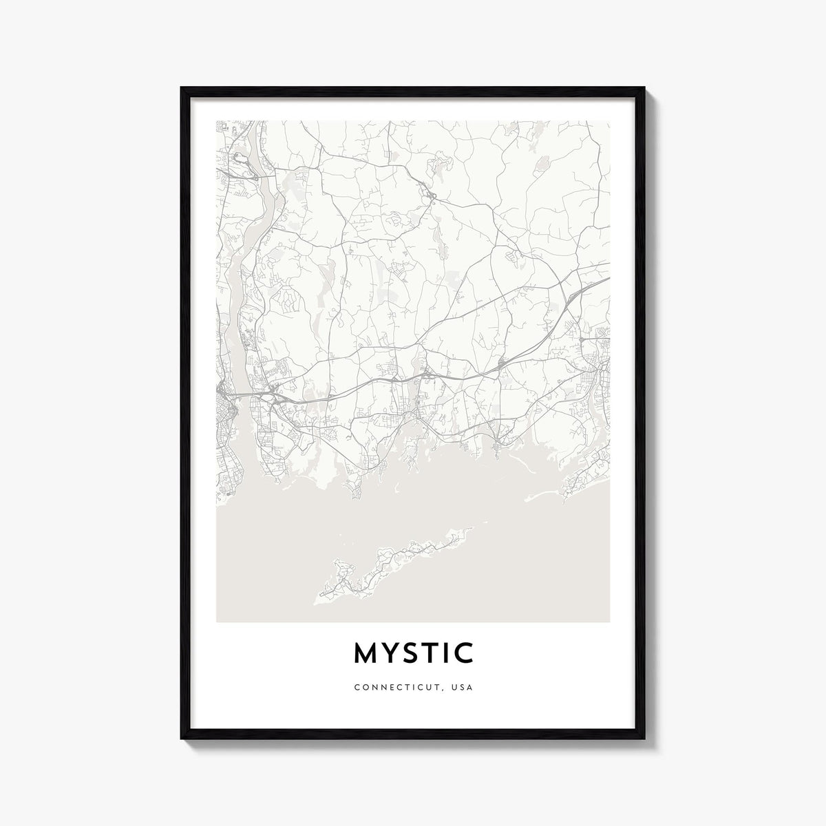 Mystic black & white map poster of Connecticut, USA – vertical wall art, unframed print shown in interior mockup