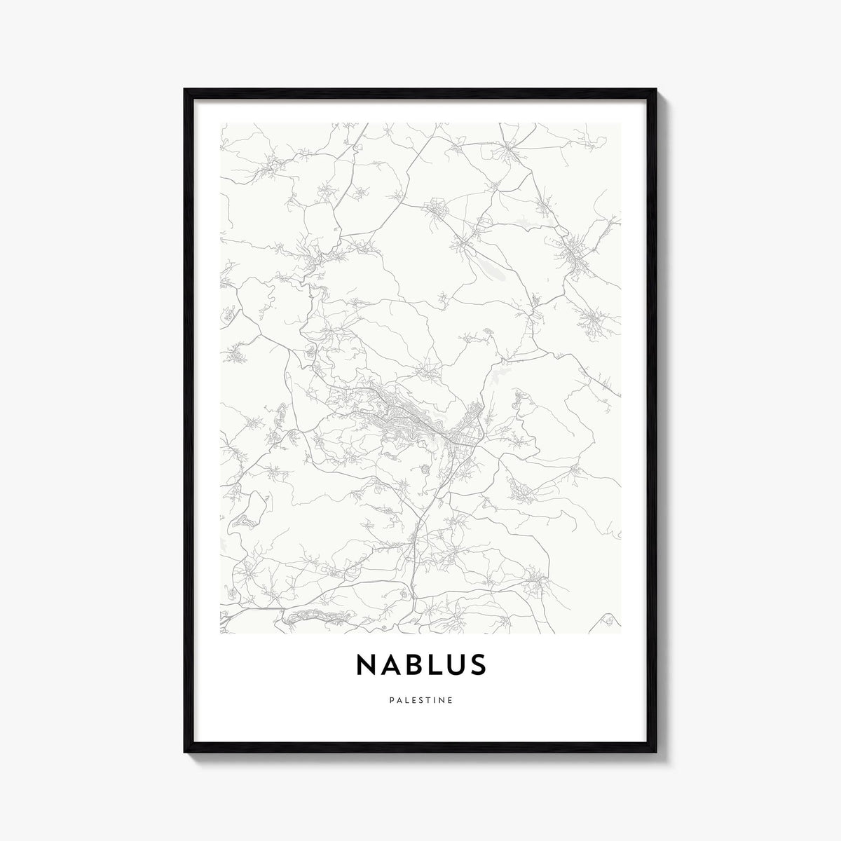 Nablus black & white map poster of Palestine – vertical wall art, unframed print shown in interior mockup