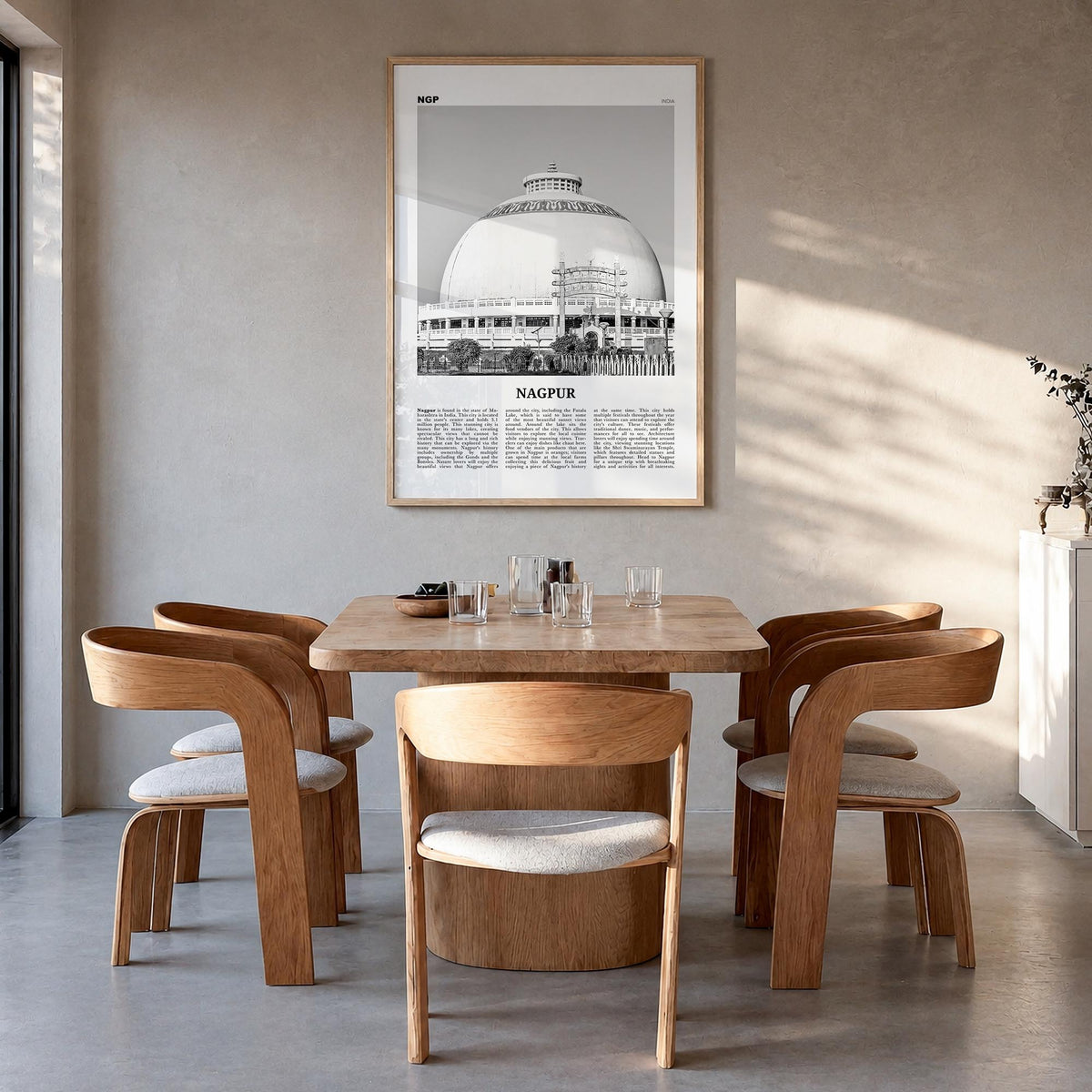 Nagpur black & white newspaper poster of India – vertical wall art in natural wood frame, hanging on wall