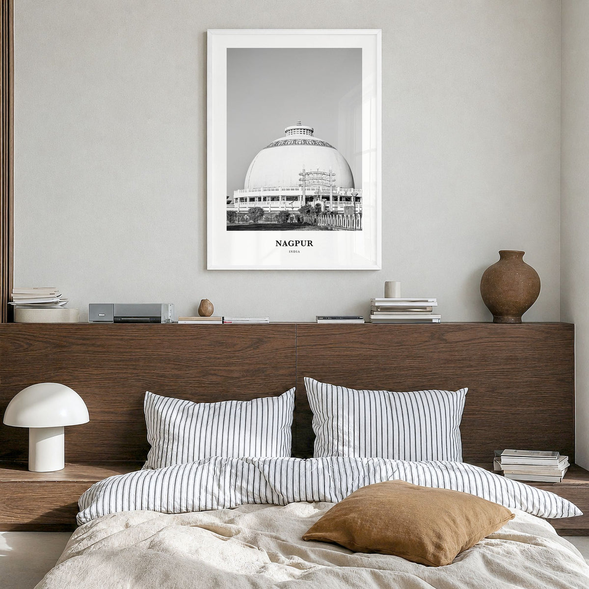 Nagpur Classic Poster in a white wood frame, hanging in a bedroom