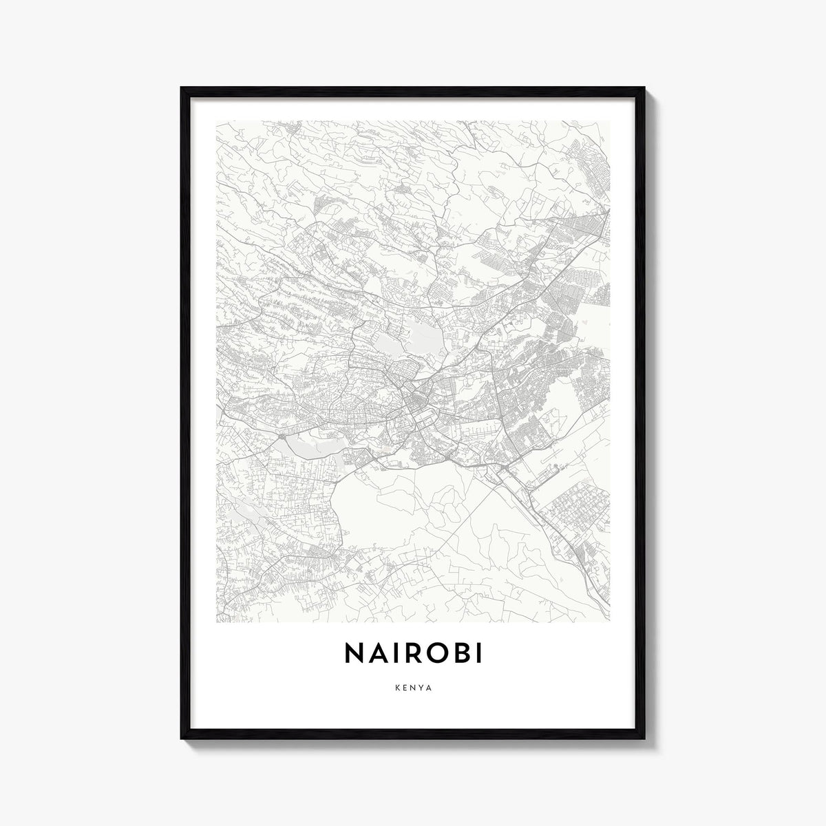 Nairobi black & white map poster of Kenya – vertical wall art, unframed print shown in interior mockup
