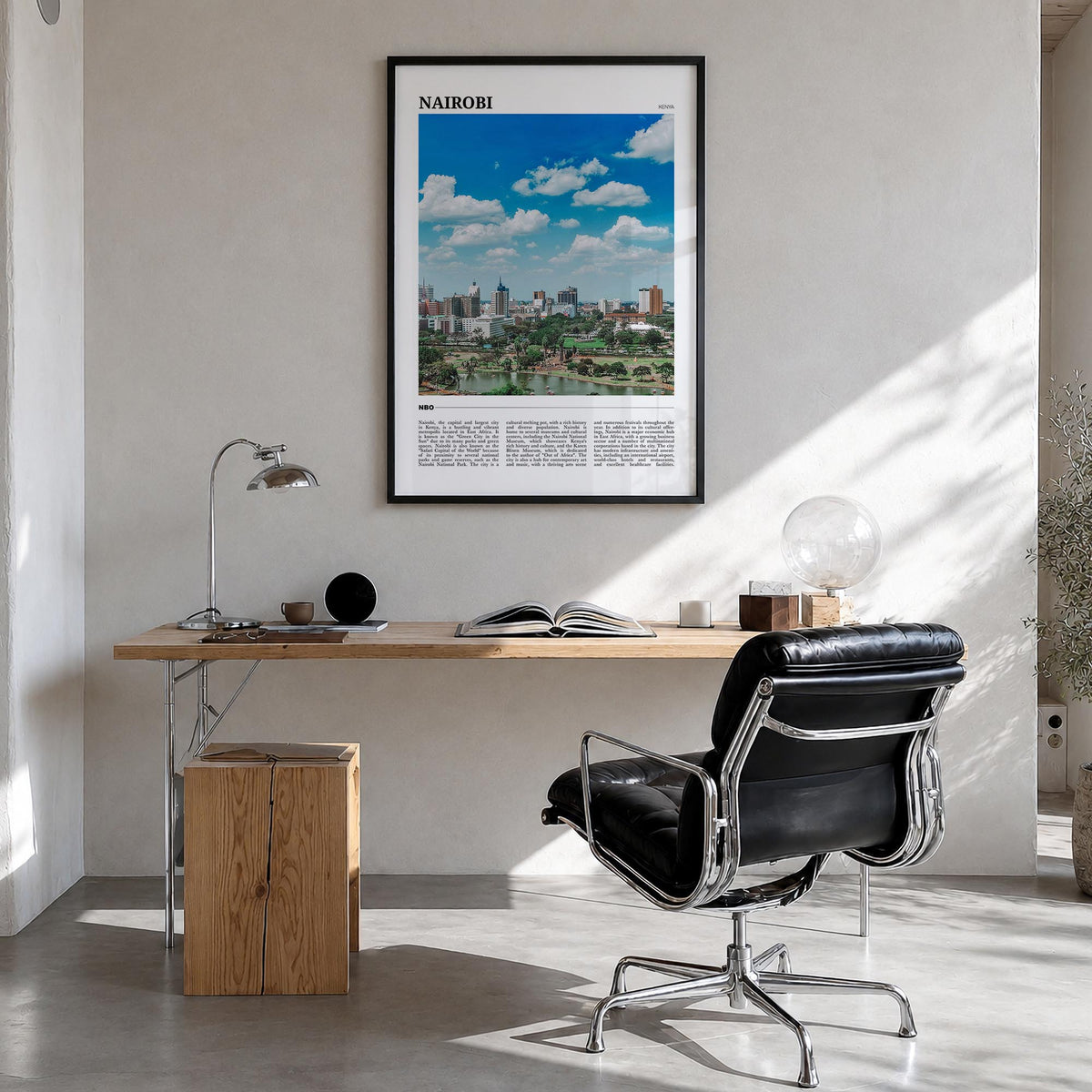 Nairobi colorful travel poster of Kenya – vertical wall art in black wood frame, hanging on wall