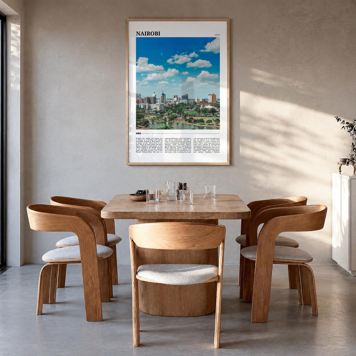 Nairobi colorful travel poster of Kenya – vertical wall art in natural wood frame, hanging on wall