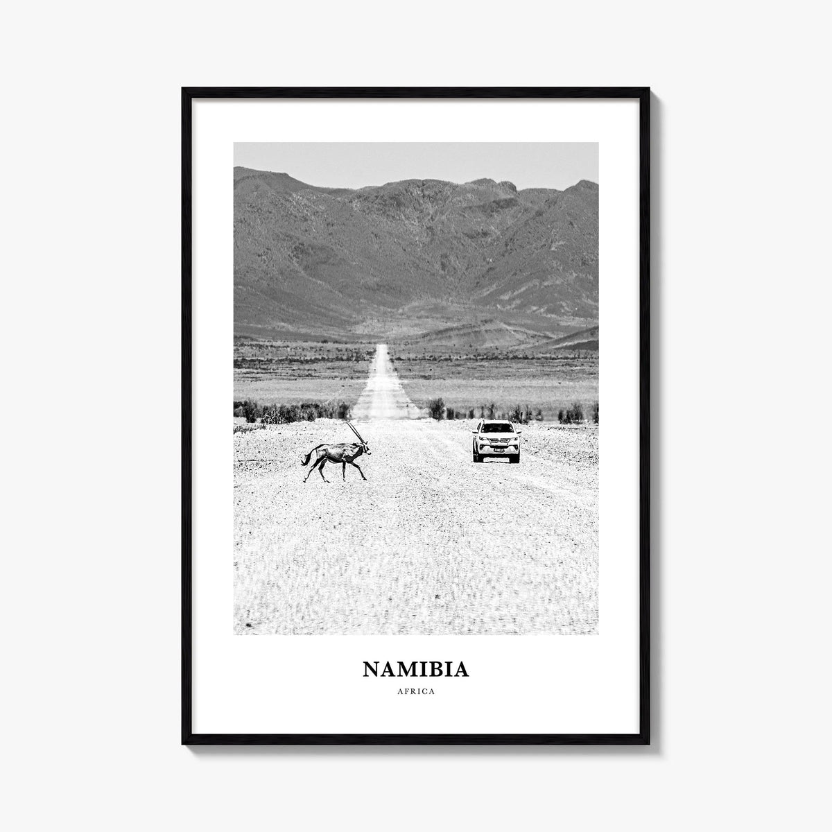 Namibia black & white classic poster of Africa – vertical wall art, unframed print shown in interior mockup
