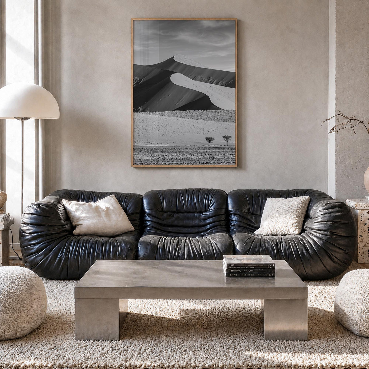 Namibia black & white photo poster of Africa – vertical wall art in natural wood frame, hanging on wall