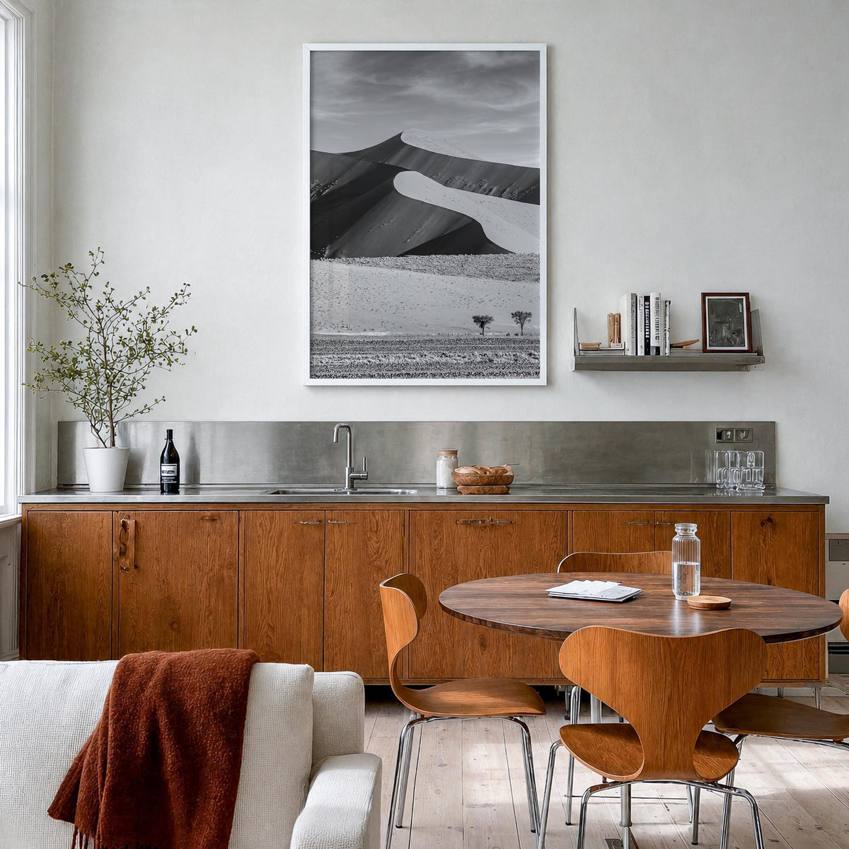 Namibia black & white photo poster of Africa – vertical wall art in white wood frame, hanging on wall