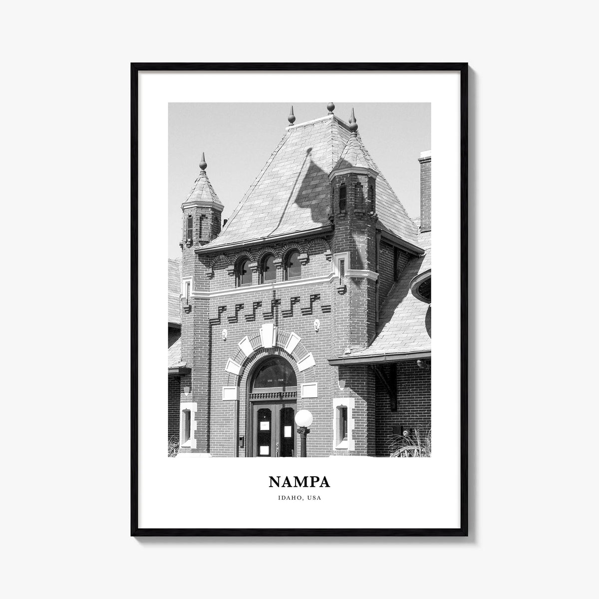 Nampa black & white classic poster of Idaho, USA – vertical wall art, unframed print shown in interior mockup