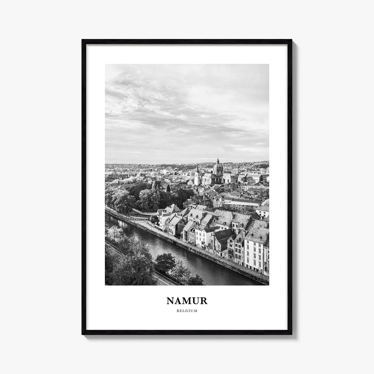 Namur black & white classic poster of Belgium – vertical wall art, unframed print shown in interior mockup