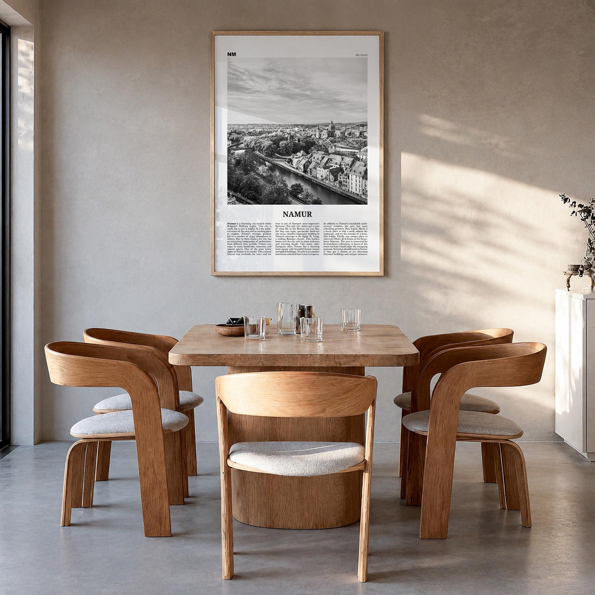 Namur black & white newspaper poster of Belgium – vertical wall art in natural wood frame, hanging on wall