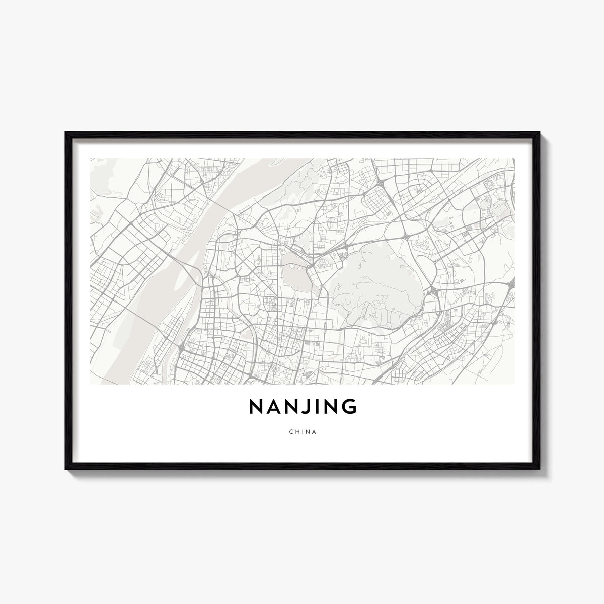 Nanjing black & white map poster of China – horizontal wall art, unframed print shown in interior mockup