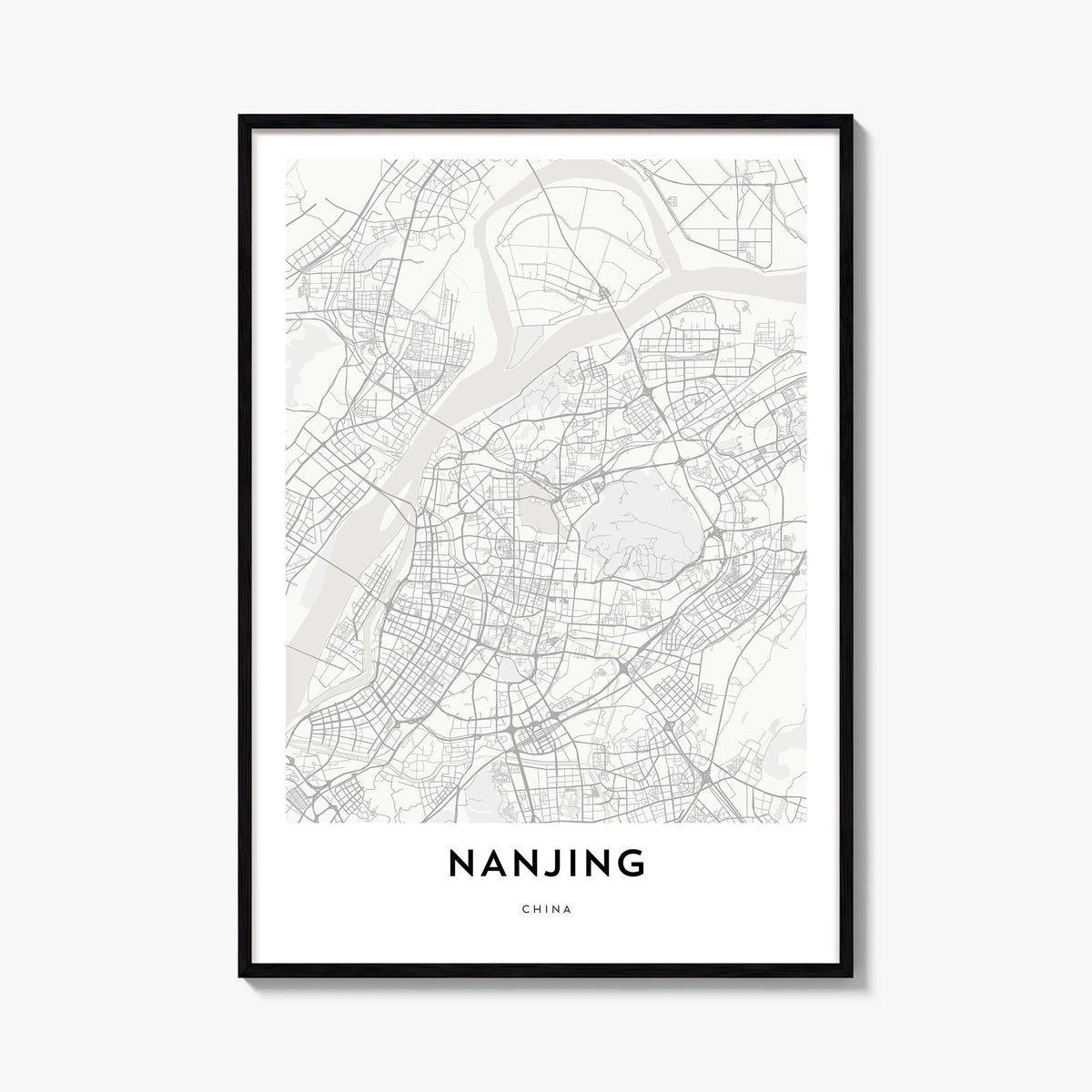 Nanjing black & white map poster of China – vertical wall art, unframed print shown in interior mockup