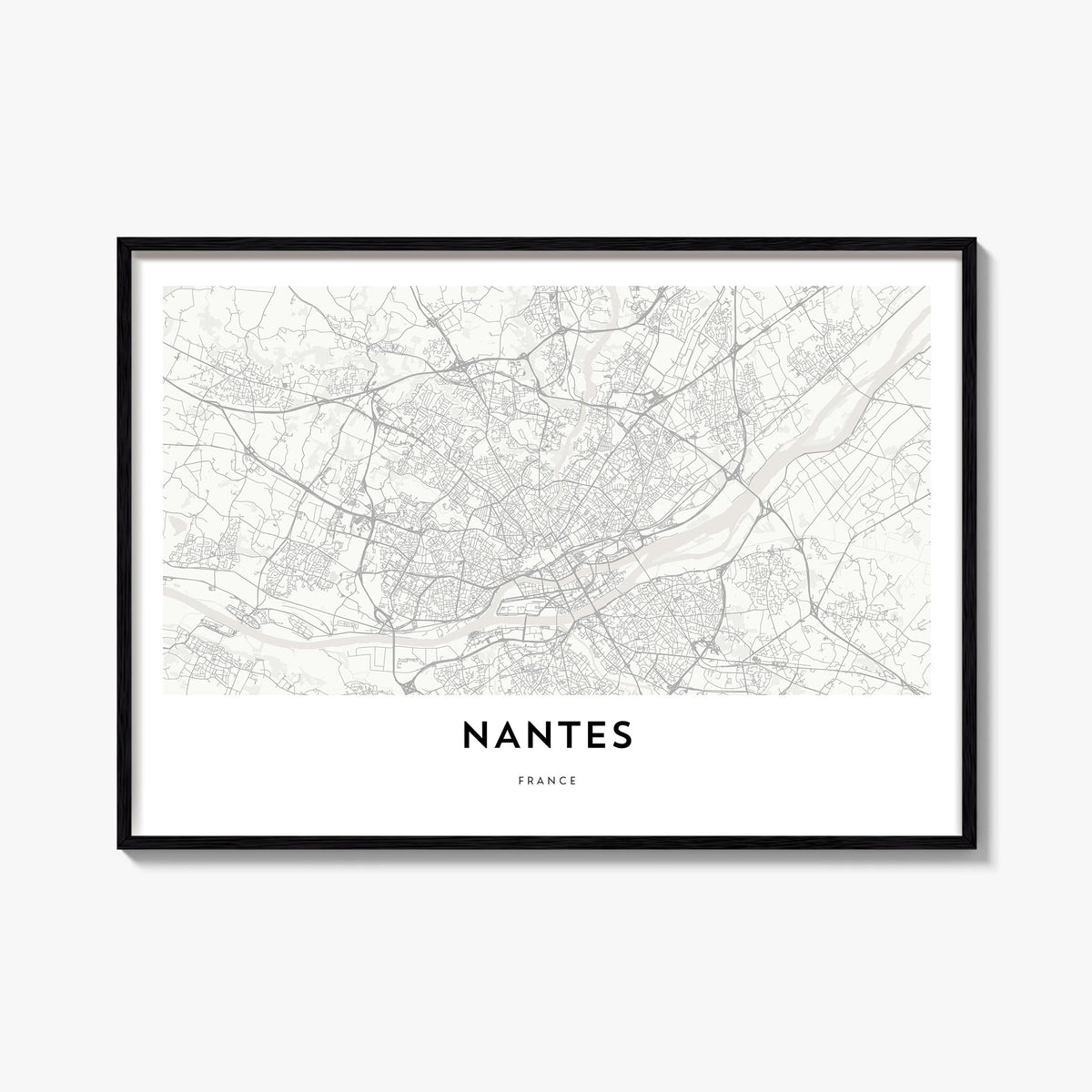 Nantes black & white map poster of France – horizontal wall art, unframed print shown in interior mockup
