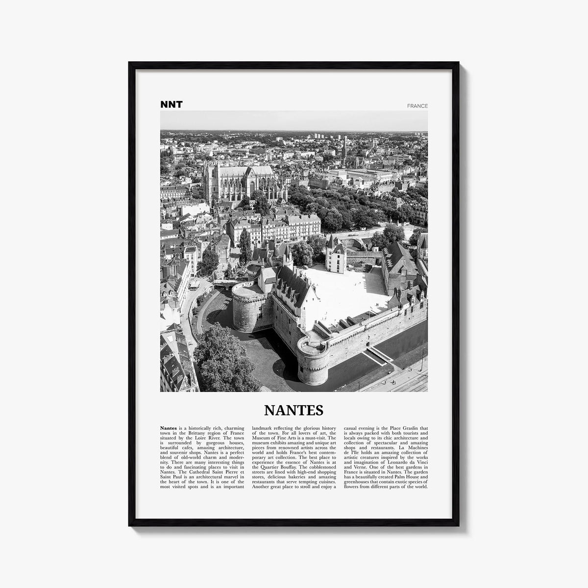 Nantes black & white newspaper poster of France – vertical wall art, unframed print shown in interior mockup