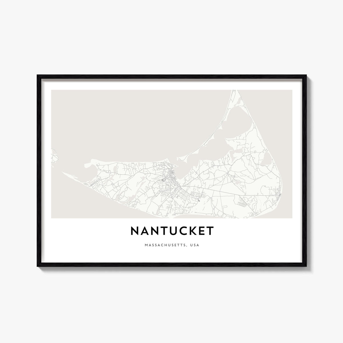 Nantucket black & white map poster of Massachusetts, USA – horizontal wall art, unframed print shown in interior mockup