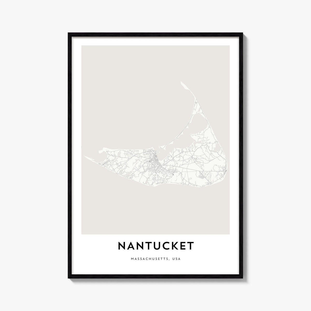 Nantucket black & white map poster of Massachusetts, USA – vertical wall art, unframed print shown in interior mockup