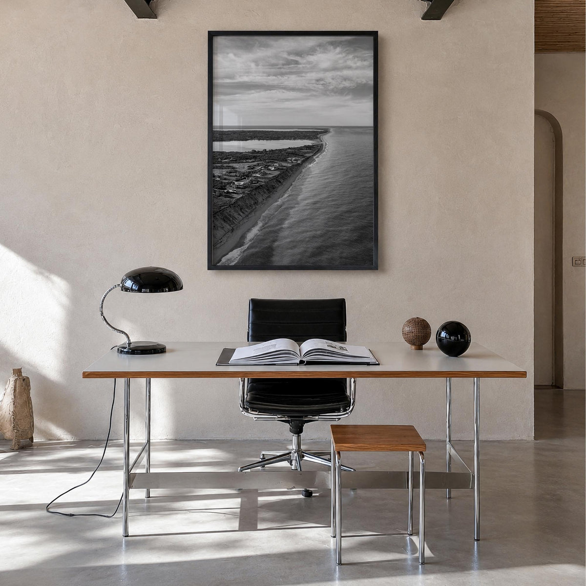 Nantucket black & white photo poster of Massachusetts, USA – vertical wall art in black wood frame, hanging on wall
