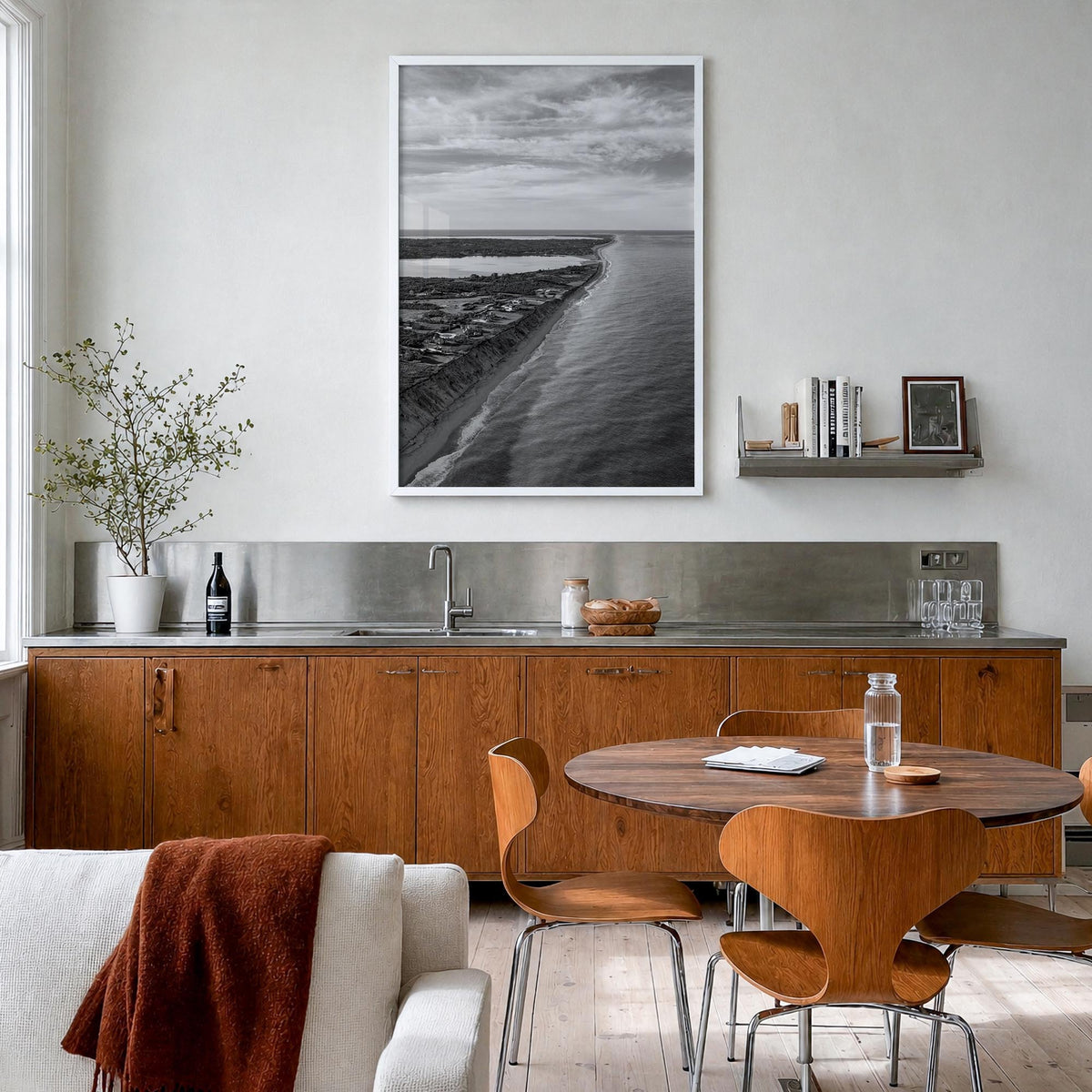 Nantucket black & white photo poster of Massachusetts, USA – vertical wall art in white wood frame, hanging on wall