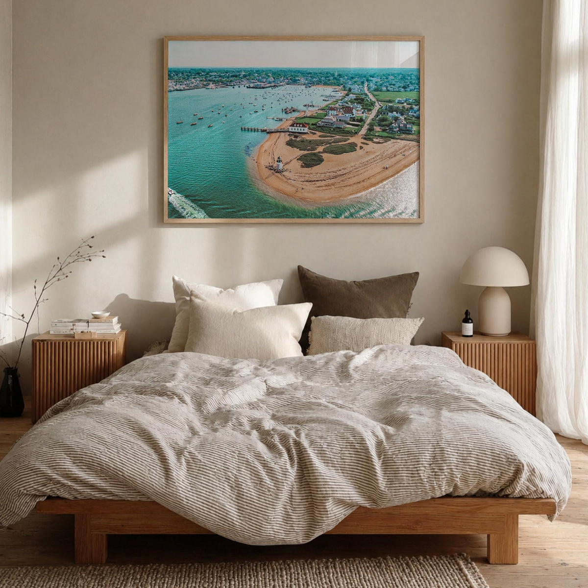 Nantucket colorful photo poster of Massachusetts, USA – horizontal wall art in natural wood frame, hanging on wall